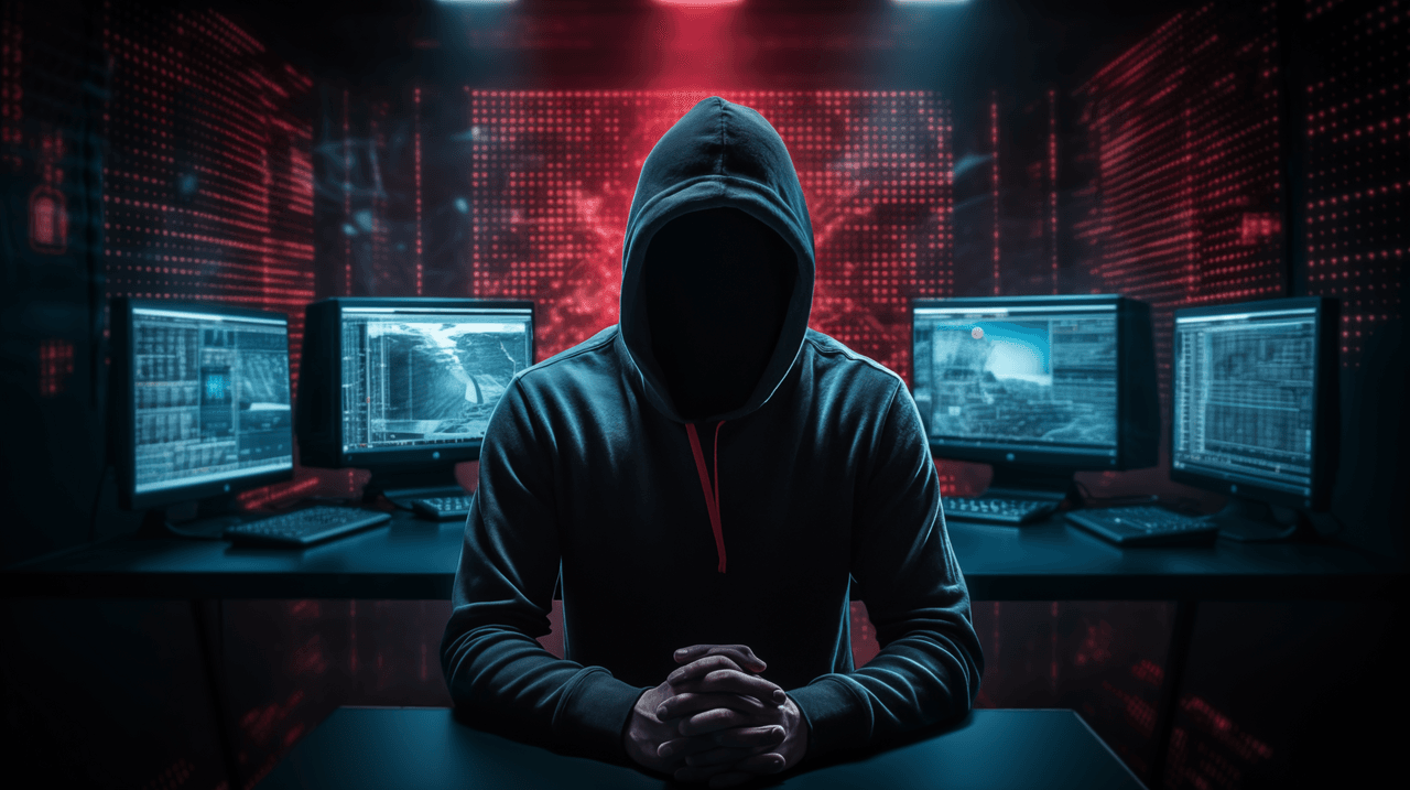 Cibercriminal con capucha frente a pantallas